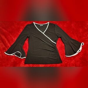 Coco Bianco Black V-Neck Ruched Blouse with White Trim Sz M